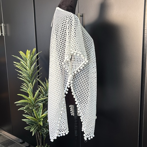 Ana & Rose Crocheted mid length swim coverup, Pom Pom edge detail,see thru OS - Picture 6 of 9